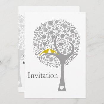 Small Whimsy Tree Yellow Lovebirds Mod Wedding Invites Front View