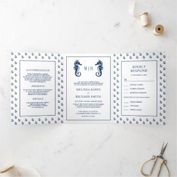 white and blue nautical anchor seahorse wedding tri-fold invitation