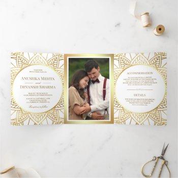 white and gold ethnic mandala indian wedding tri-fold invitation