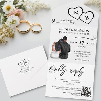 white & black heart monogram wedding all in on all in one invitation