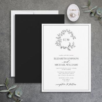 Small White Black Leafy Crest Monogram Wedding Front View