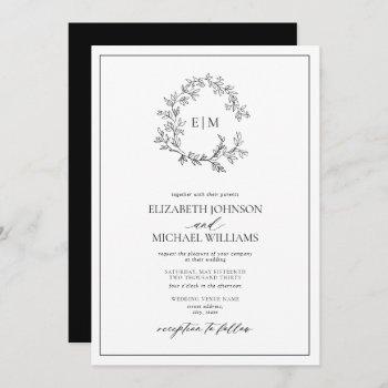 white black leafy crest monogram wedding invitation