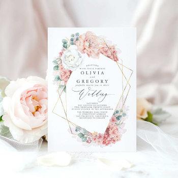 white blush peach and dusty rose floral wedding invitation