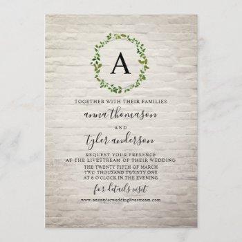 white brick wreath monogram virtual wedding invitation