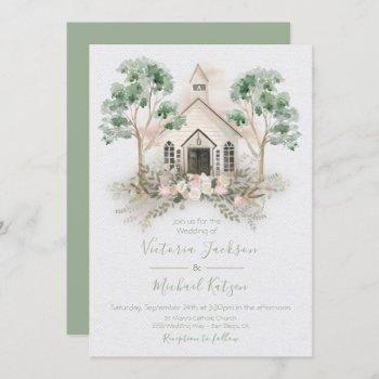 white chapel in the eucalyptus wedding invitations