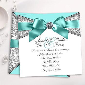 white diamonds teal blue wedding invitation