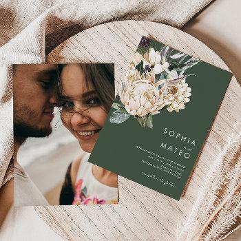 white floral | dark green casual photo wedding invitation