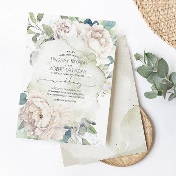 white flowers and greenery elegant vintage wedding invitation