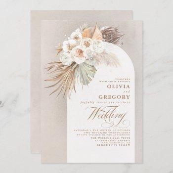 white flowers and pampas grass elegant wedding invitation