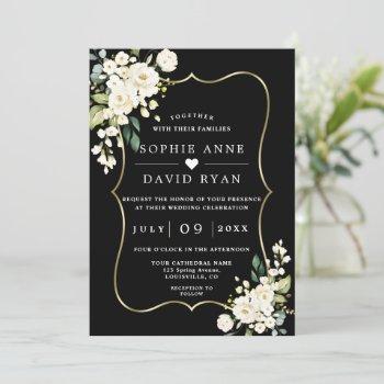 white flowers gold black all in one wedding  invitation