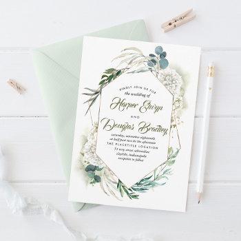 white hydrangea and greenery modern floral wedding invitation
