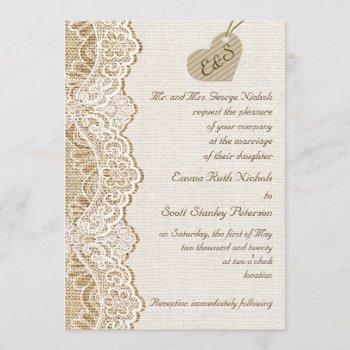Small White Lace & Board Heart On Burlap Wedding Front View