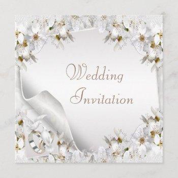 white lilies, doves & wedding bands wedding invite