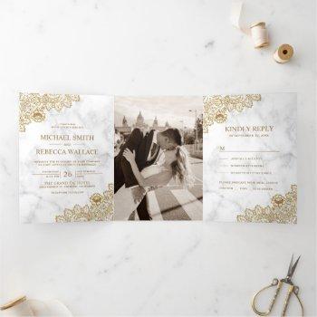 white marble and gold lace wedding photo tri-fold invitation