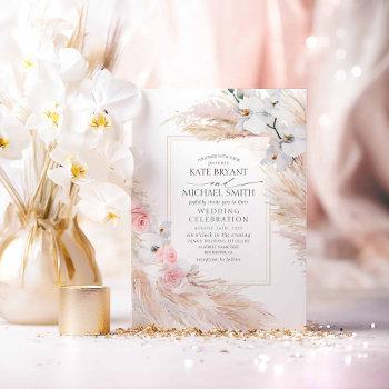 white orchids blush roses and pampas grass wedding invitation