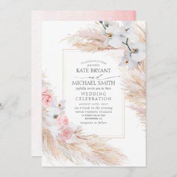 white orchids blush roses and pampas grass wedding invitation