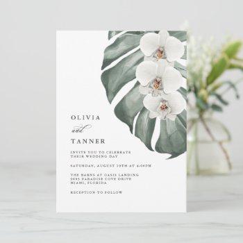 white orchids on monstera tropical  wedding invitation