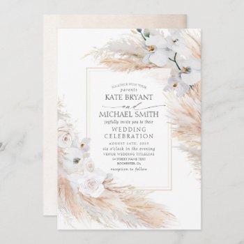 white orchids roses and pampas grass wedding invitation