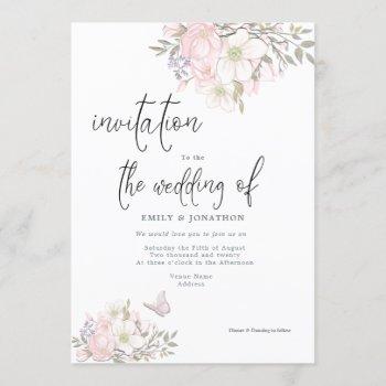 white pink magnolias butterfly script wedding invitation