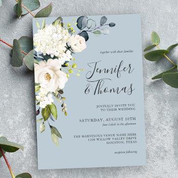 white roses and hydrangea on blue floral wedding invitation