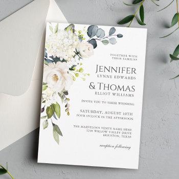 white roses and hydrangeas elegant floral wedding invitation