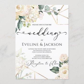 white roses hydrangeas greenery gold wedding invitation