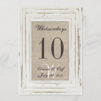 Small White Rustic Frame & Burlap Print Table Number For Front View