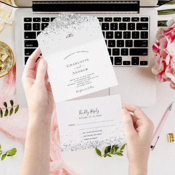 white silver glitter sparkles elegant wedding all in one invitation