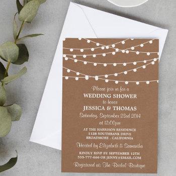 white string lights on rustic kraft wedding shower invitation