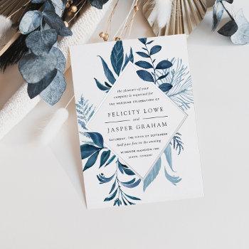 wild azure | blue watercolor foliage wedding foil invitation