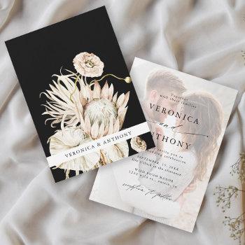 wild boho protea pampas grass black wedding photo  invitation