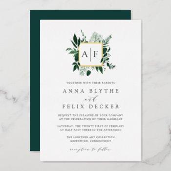 wild forest monogram wedding foil invitation