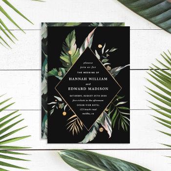 wild tropical foliage wedding black invitation
