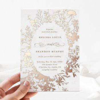 wildflower silhouette oval frame wedding rose gold foil invitation