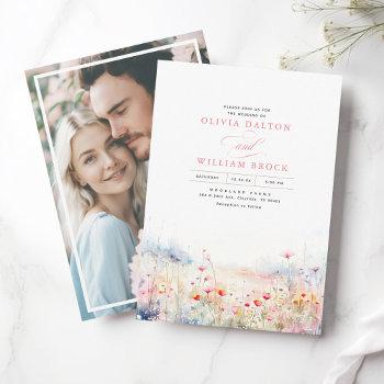 wildflowers meadow soft pastel boho wedding photo invitation