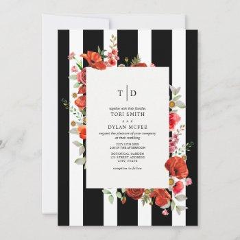 wildflowers red floral black white stripe wedding invitation