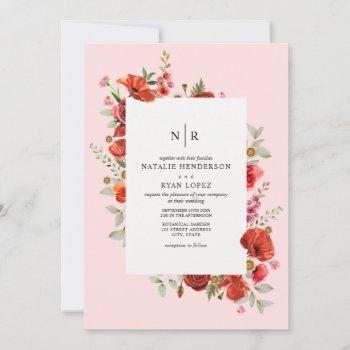 wildflowers red poppy floral pink wedding invitation