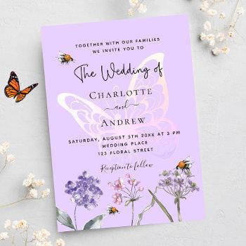 wildflowers violet pink butterfly luxury wedding invitation