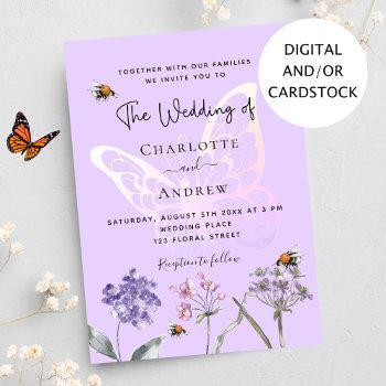 wildflowers violet pink butterfly wedding invitation