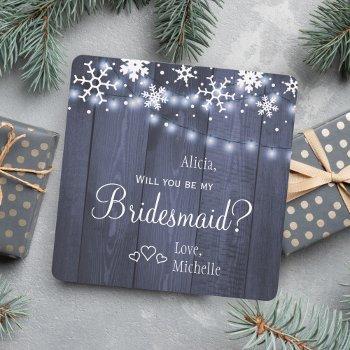 Small Will You Be My Bridesmaid Winter Rustic Snow Front View