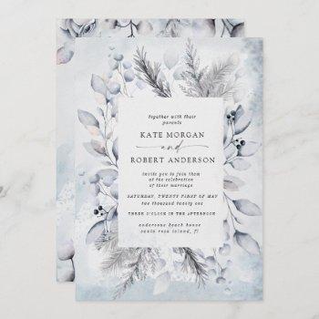 winter blue elegant floral wedding invitation