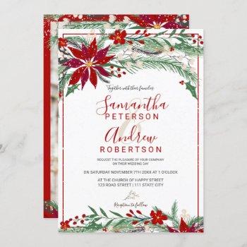 winter christmas floral wreath snow photo wedding invitation