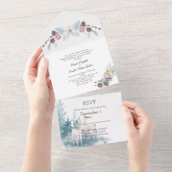 winter deer and foliage watercolor wedding all in one invitation