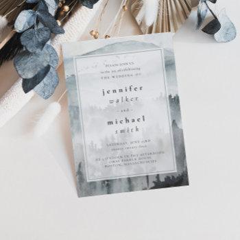 winter dusty blue mountain minimalist wedding  invitation