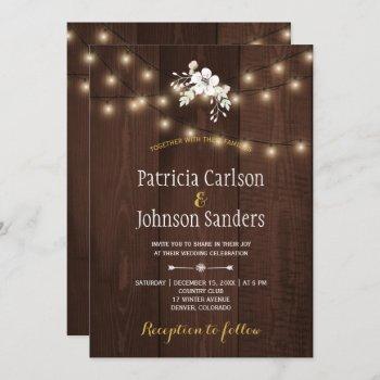 winter floral rustic wedding | string lights wood invitation