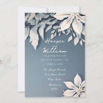 winter floral snowy white and icy blue wedding invitation
