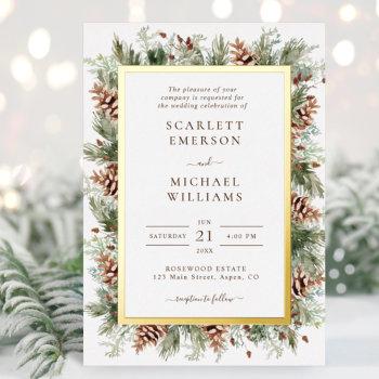 winter greenery gold foil wedding invitations