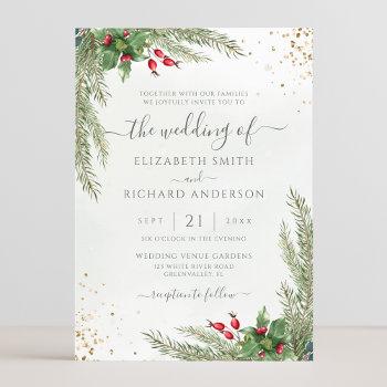 winter holiday botanical greenery wedding invitation
