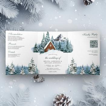 winter mountain forest cabin lodge qr code wedding tri-fold invitation