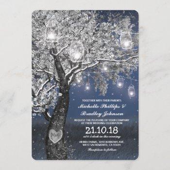 winter rustic blue string lights wedding invitation